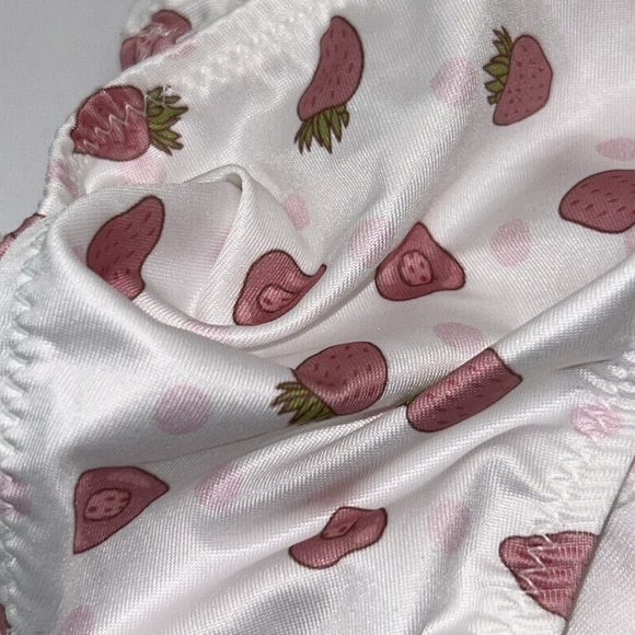 Silky Liquid Satin Pink Strawberry & Polka Dot‎ Stretchy White Thong Panties NEW - Picture 3 of 11